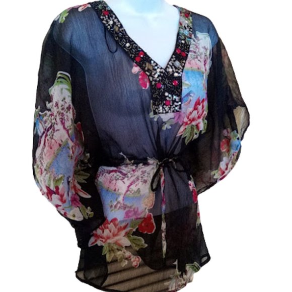 Jessica Tops - Delicate Sheer Pull Over Floral Blouse w Embellished Neckline Size Small NEW NWT